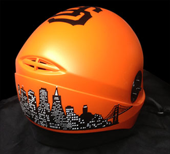 Custom San Francisco Giants graphics on a sky diving helmet